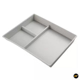 Grey compartment organiser tray with raised dividers and two storage sections on a white background