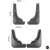 Four black vehicle mud flaps with mounting holes, shown in pairs with 350 and 270 millimetre height measurements