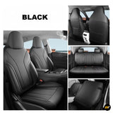 Black vehicle seat upholstery shown on front and rear seats with detailed panels, armrest and fitted interior design