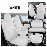White fitted car seat covers shown on front and rear vehicle seats, with close views of the upholstery and centre armrest