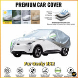 Silver premium car cover for Geely EX2 with all weather protection, UV resistance, reflective safety stripes and scratch resistant fabric