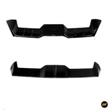 Black automotive front bumper splitter shown from two angles with raised end sections and a central aerodynamic profile