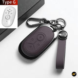 Black textured key fob cover with embossed button symbols, metal clip and wrist strap, shown with a Type G remote inset