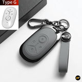 Black electric vehicle key fob cover with embossed button details, metal key ring and wrist strap, shown beside a white remote fob inset