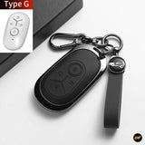 Black leather key fob cover with embossed button design, metal clasp and wrist strap, shown beside a Type G remote control inset