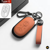 Orange leather-style key fob cover with black trim, metal clips and matching wrist strap beside a white remote control fob
