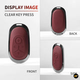 Red leather-style car key cover shown from the front, back and side, with black edging and clearly defined button recesses