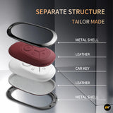 Exploded view of a tailored car key case with leather layers and protective metal shells in black red and white variants