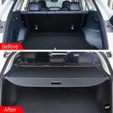 Before and after view of a car boot showing a fitted rear luggage cover with a retractable cargo screen installed