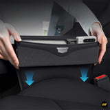 Black car seat storage organiser with zipped compartments and adjustable fit shown inside a vehicle interior