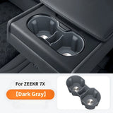 Dark grey rear armrest cup holder insert designed for Zeekr 7X electric vehicle with dual cup compartments and sturdy plastic build