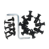Set of black plastic automotive fasteners and screws with a metal L-shaped installation tool, designed for electric vehicle mud flaps or splash guards.