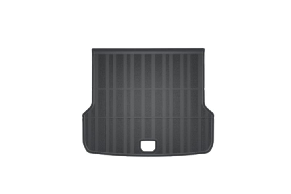 Black rubber car boot liner with raised edges and a rectangular cutout handle designed for vehicle trunk protection.