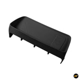 Black plastic storage box with divider and textured surface for electric vehicle interior accessory.