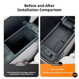 Comparison of car centre console armrest storage box before and after installation showing improved organisation and accessibility