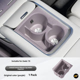 Purple silicone cup holder insert for Zeekr 7X centre console with dual compartments and divider organizer