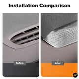 Before and after installation of a silver metal air vent cover on a grey dashboard surface of an electric vehicle