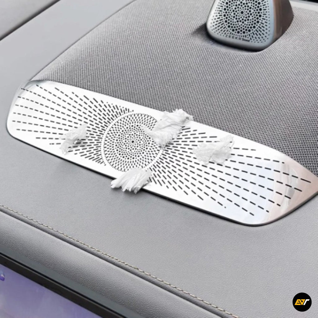 Zeekr electric vehicle dashboard centre console air vent cover with silver perforated design on grey panel