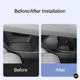 Car interior centre console lower armrest storage box before and after installation showing added compartment organiser tray