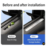 Car door air vent showing debris before and protective metal cover installed blocking foreign objects on Zeekr 7X model
