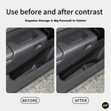Comparison of electric vehicle door storage before and after installing a sleek side storage box accessory to reduce clutter