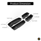 Set of four black plastic car door side storage boxes with detailed product dimensions in inches displayed.