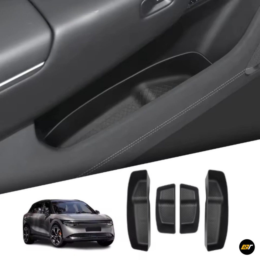 Interior side door storage box accessories for electric vehicle with textured black finish and white stitching detail