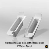 Pair of white plastic hidden storage boxes designed for front door installation in electric vehicles accessories.