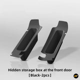 Pair of black hidden storage boxes designed for front car doors, featuring sleek, durable plastic construction.