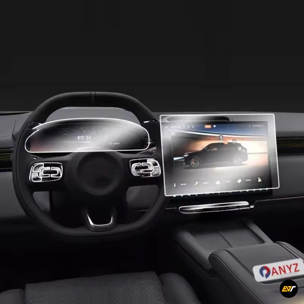 Zeekr 7X electric vehicle dashboard with steering wheel and touchscreen navigation system protector installed