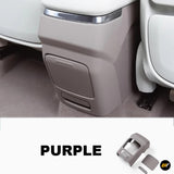 Purple rear exhaust air outlet frame cover installed near car seat base with separate cover pieces shown below