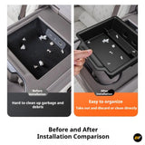 Before and after installation of black storage box organizer for rear seat armrest in electric vehicle interior
