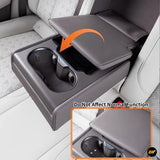 Rear seat armrest storage box with cup holders in a Zeekr electric vehicle, featuring dark brown leather finish.