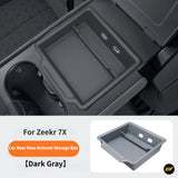 Dark gray rear seat armrest storage box with USB ports for Zeekr 7X electric vehicle accessories