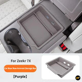 Purple rear seat armrest storage box with USB ports for Zeekr 7X electric vehicle backseat organisation